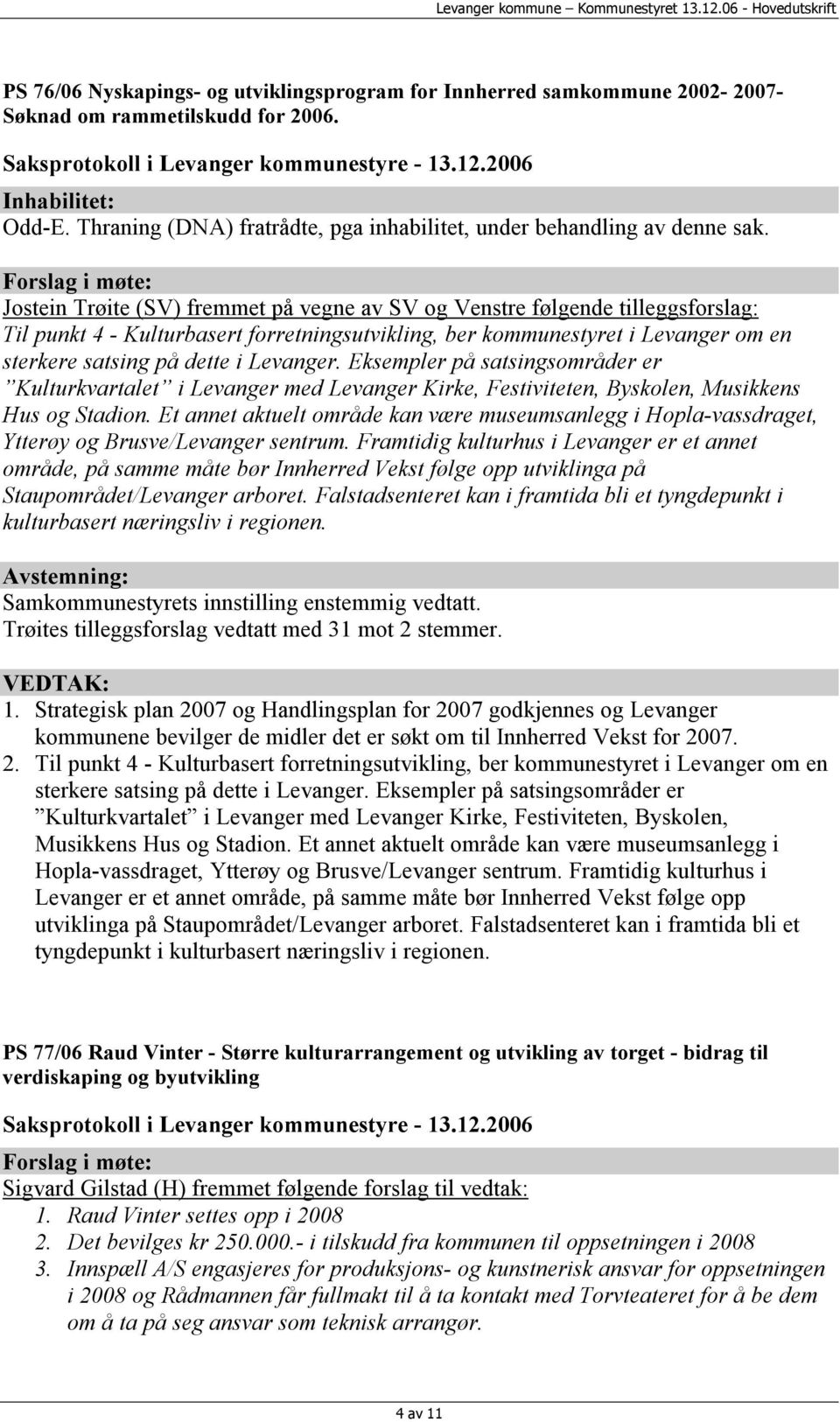 Forslag i møte: Jostein Trøite (SV) fremmet på vegne av SV og Venstre følgende tilleggsforslag: Til punkt 4 - Kulturbasert forretningsutvikling, ber kommunestyret i Levanger om en sterkere satsing på