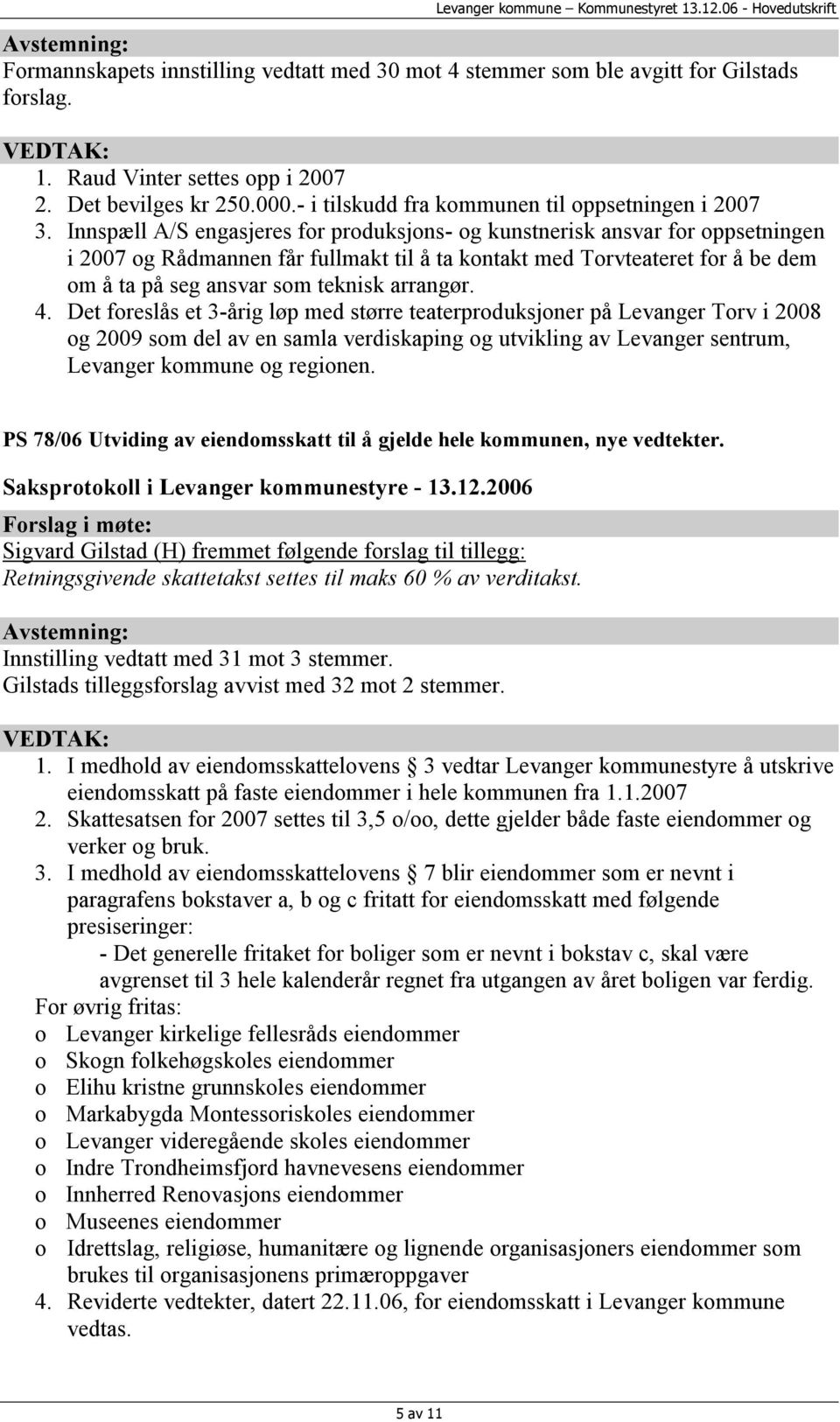 Innspæll A/S engasjeres for produksjons- og kunstnerisk ansvar for oppsetningen i 2007 og Rådmannen får fullmakt til å ta kontakt med Torvteateret for å be dem om å ta på seg ansvar som teknisk