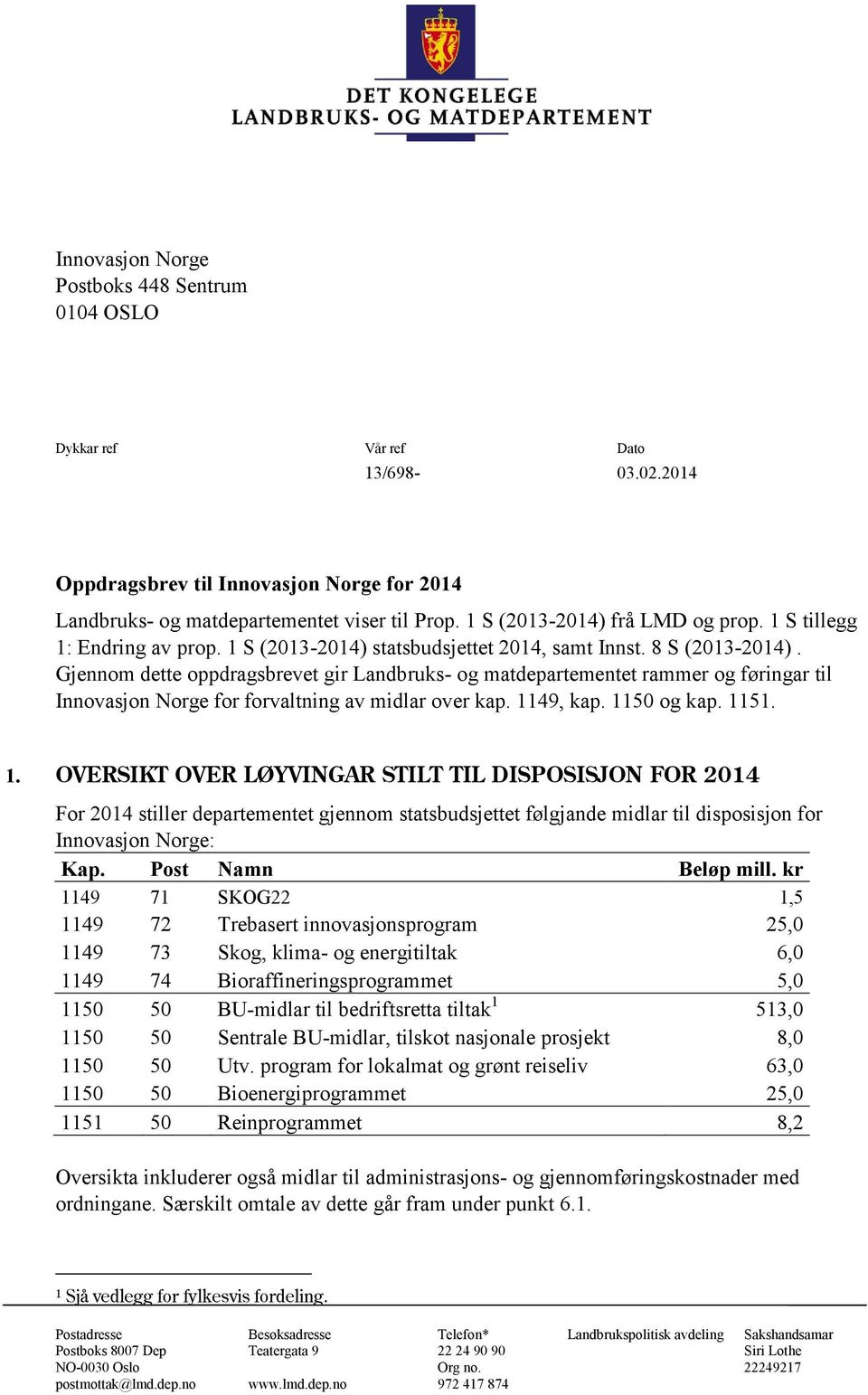 Gjennom dette oppdragsbrevet gir Landbruks- og matdepartementet rammer og føringar til Innovasjon Norge for forvaltning av midlar over kap. 11