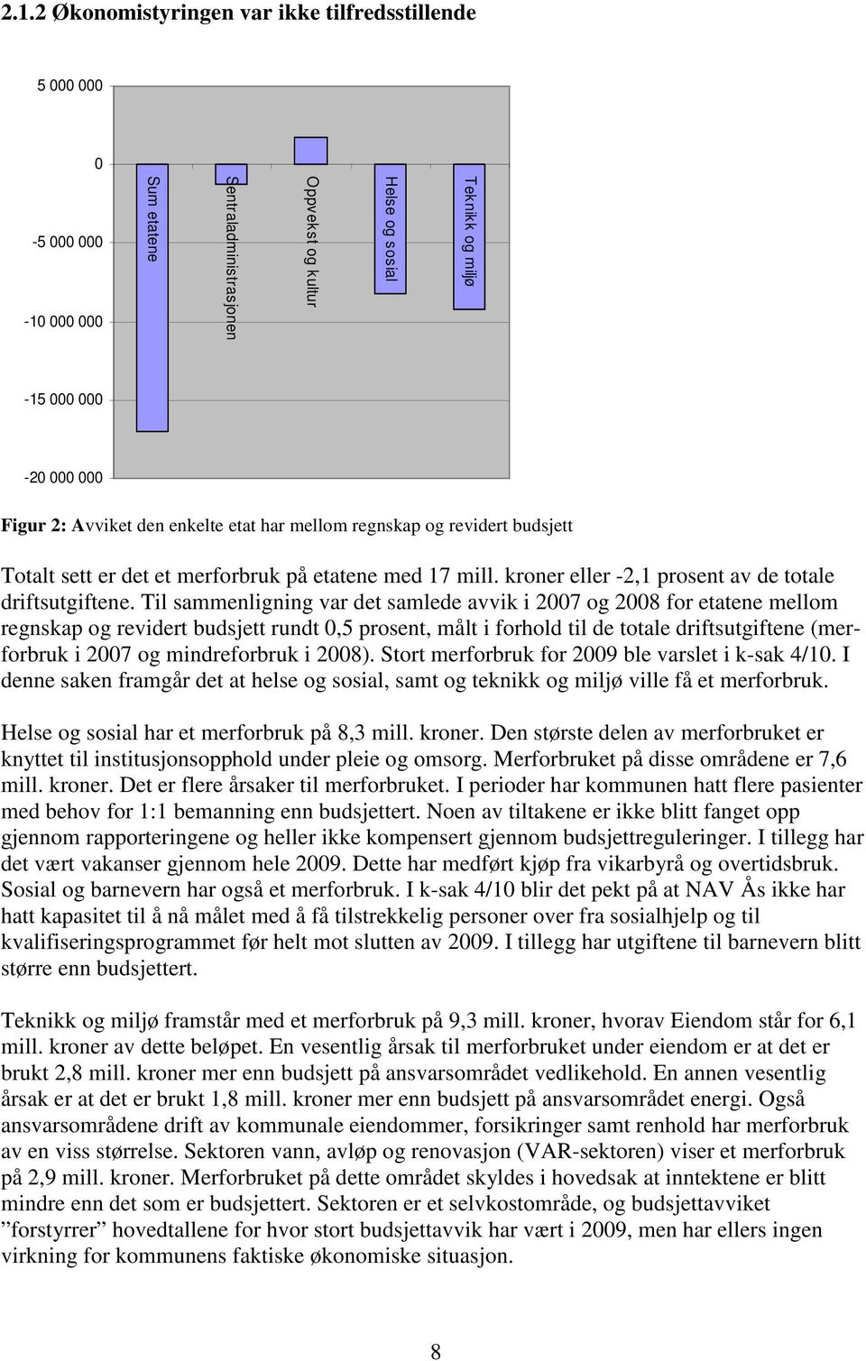 Til sammenligning var det samlede avvik i 2007 og 2008 for etatene mellom regnskap og revidert budsjett rundt 0,5 prosent, målt i forhold til de totale driftsutgiftene (merforbruk i 2007 og