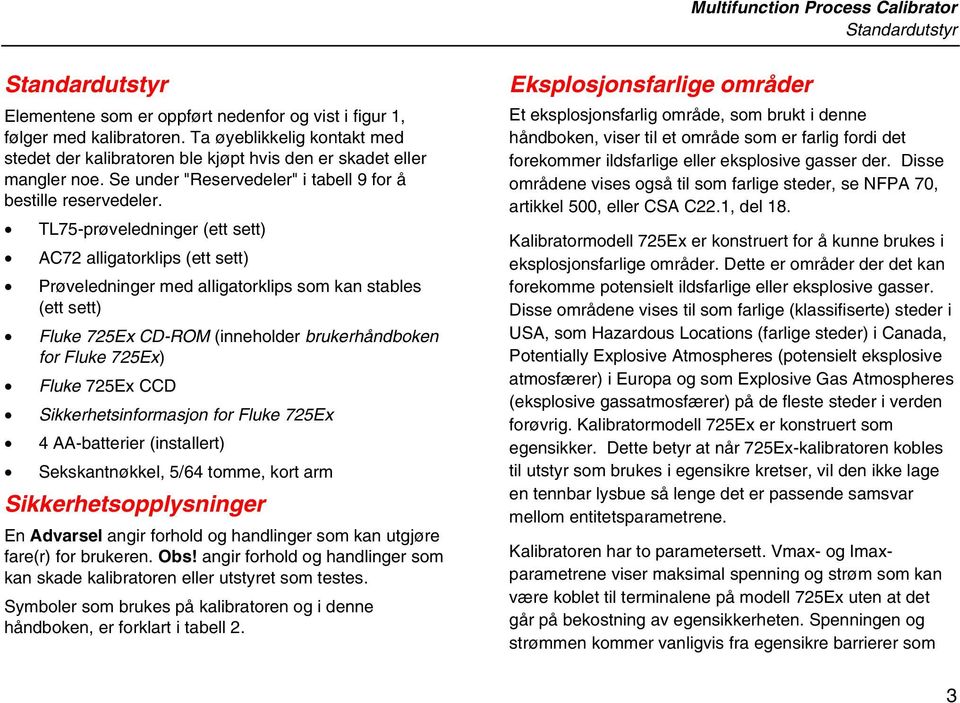 TL75-prøveledninger (ett sett) AC72 alligatorklips (ett sett) Prøveledninger med alligatorklips som kan stables (ett sett) Fluke 725Ex CD-ROM (inneholder brukerhåndboken for Fluke 725Ex) Fluke 725Ex