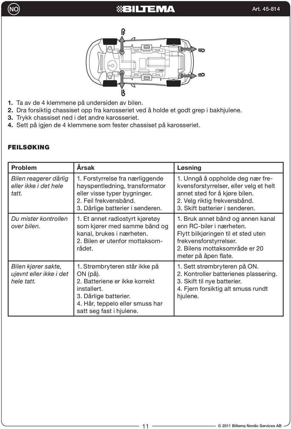 Forstyrrelse fra nærliggende høyspentledning, transformator eller visse typer bygninger. 2. Feil frekvensbånd. 3. Dårlige batterier i senderen. 1.