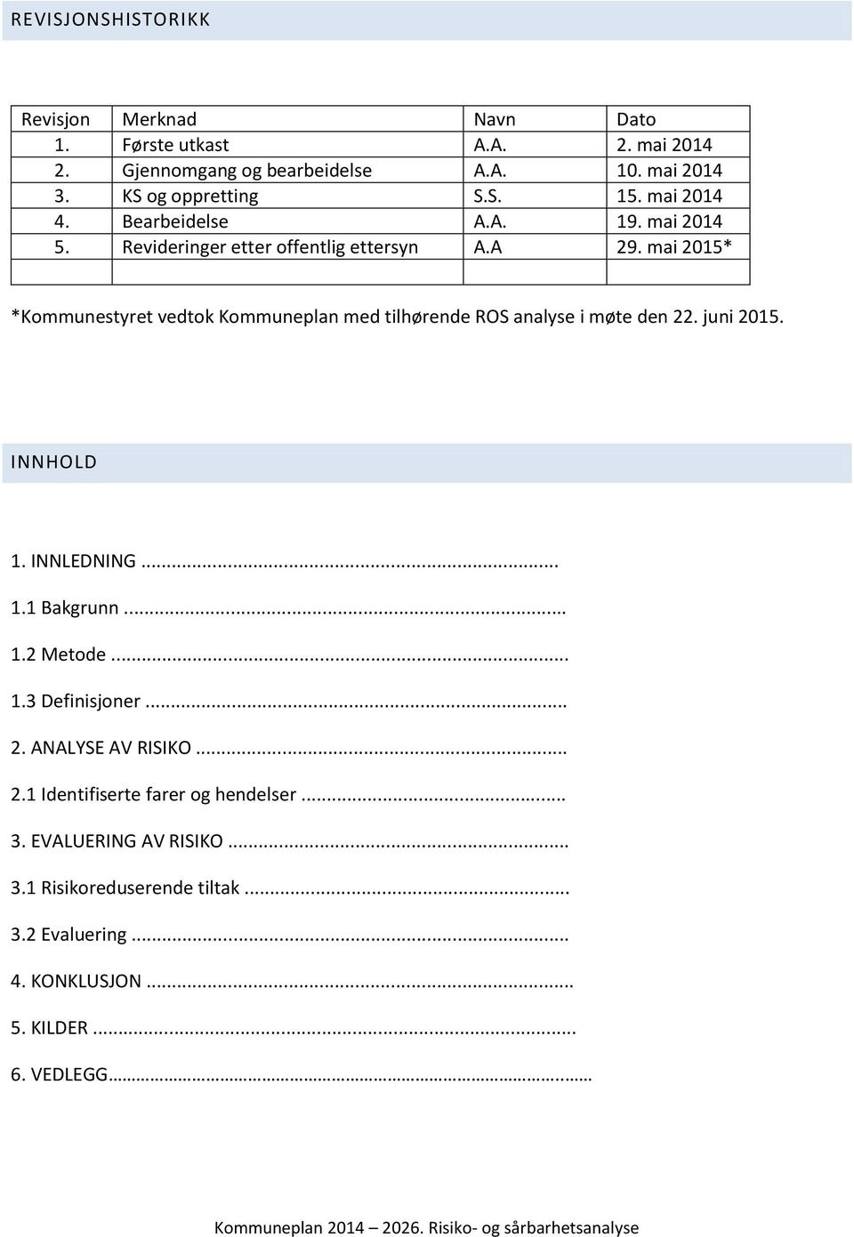 mai 2015* *Kommunestyret vedtok Kommuneplan med tilhørende ROS analyse i møte den 22. juni 2015. INNHOLD 1. INNLEDNING... 1.1 Bakgrunn... 1.2 Metode... 1.3 Definisjoner.