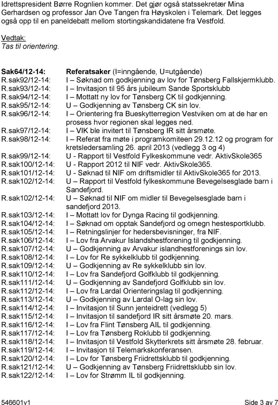 sak92/12-14: I Søknad om godkjenning av lov for Tønsberg Fallskjermklubb. R.sak93/12-14: I Invitasjon til 95 års jubileum Sande Sportsklubb R.