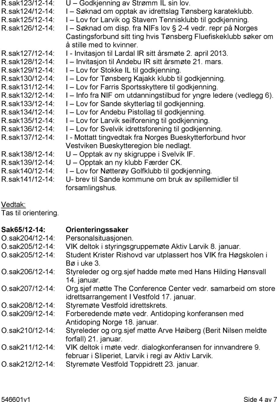 R.sak128/12-14: I Invitasjon til Andebu IR sitt årsmøte 21. mars. R.sak129/12-14: I Lov for Stokke IL til godkjenning. R.sak130/12-14: I Lov for Tønsberg Kajakk klubb til godkjenning. R.sak131/12-14: I Lov for Farris Sportsskyttere til godkjenning.