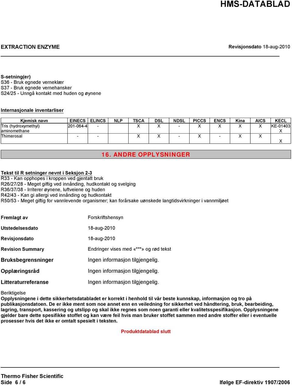 ANDRE OPPLYSNINGER Tekst til R setninger nevnt i Seksjon 2-3 R33 - Kan opphopes i kroppen ved gjentatt bruk R26/27/28 - Meget giftig ved innånding, hudkontakt og svelging R36/37/38 - Irriterer