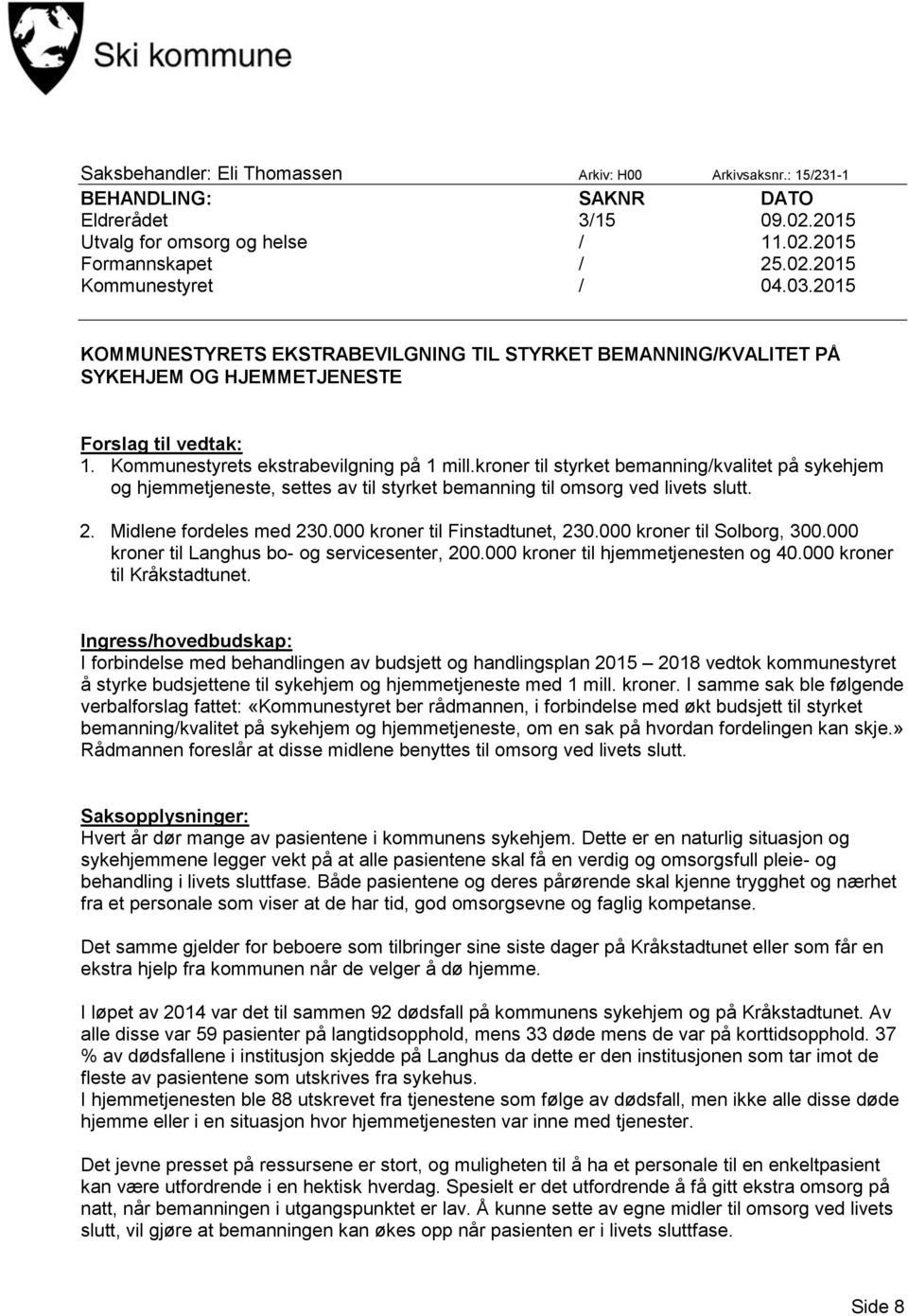 kroner til styrket bemanning/kvalitet på sykehjem og hjemmetjeneste, settes av til styrket bemanning til omsorg ved livets slutt. 2. Midlene fordeles med 230.000 kroner til Finstadtunet, 230.