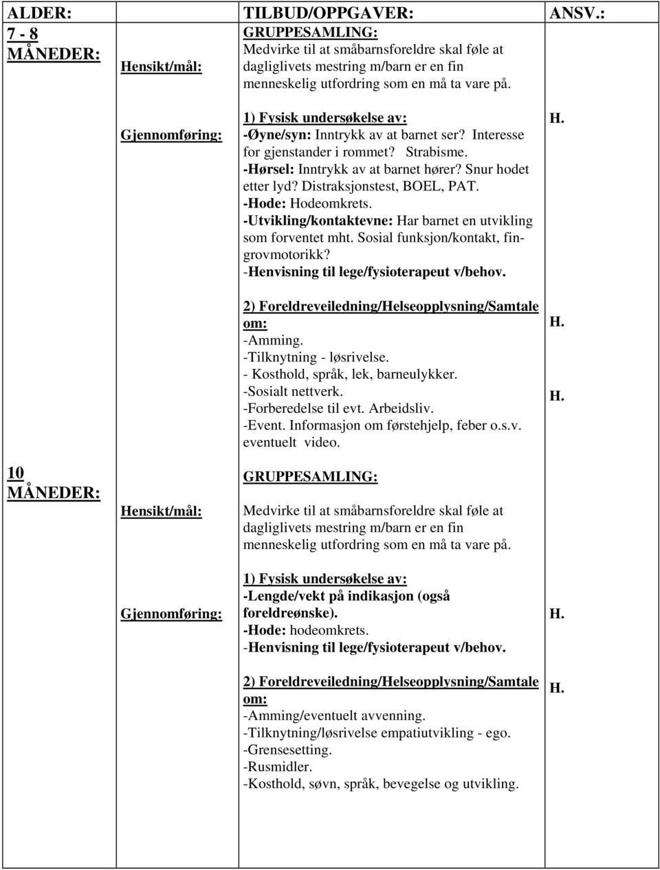 Sosial funksjon/kontakt, fingrovmotorikk? -Henvisning til lege/fysioterapeut v/behov. 2) Foreldreveiledning/Helseopplysning/Samtale -Amming. -Tilknytning - løsrivelse.