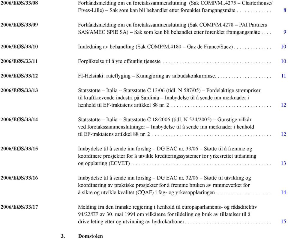 ... 9 2006/EØS/33/10 Innledning av behandling (Sak COMP/M.4180 Gaz de France/Suez).............. 10 2006/EØS/33/11 Forpliktelse til å yte offentlig tjeneste.