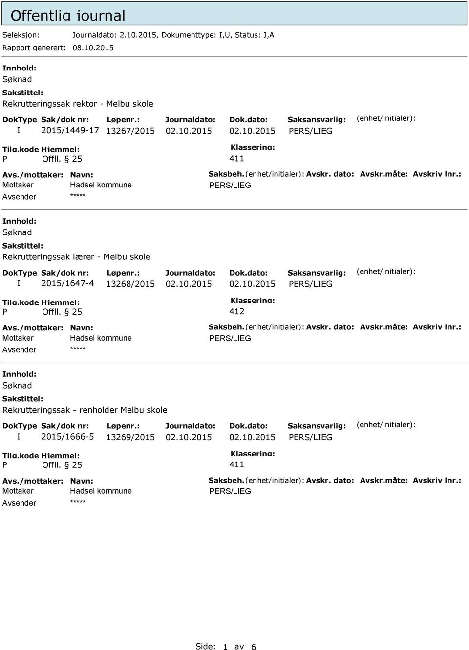 2015 nnhold: Rekrutteringssak rektor - Melbu skole 2015/1449-17 13267/2015 ERS/LEG 411 ERS/LEG