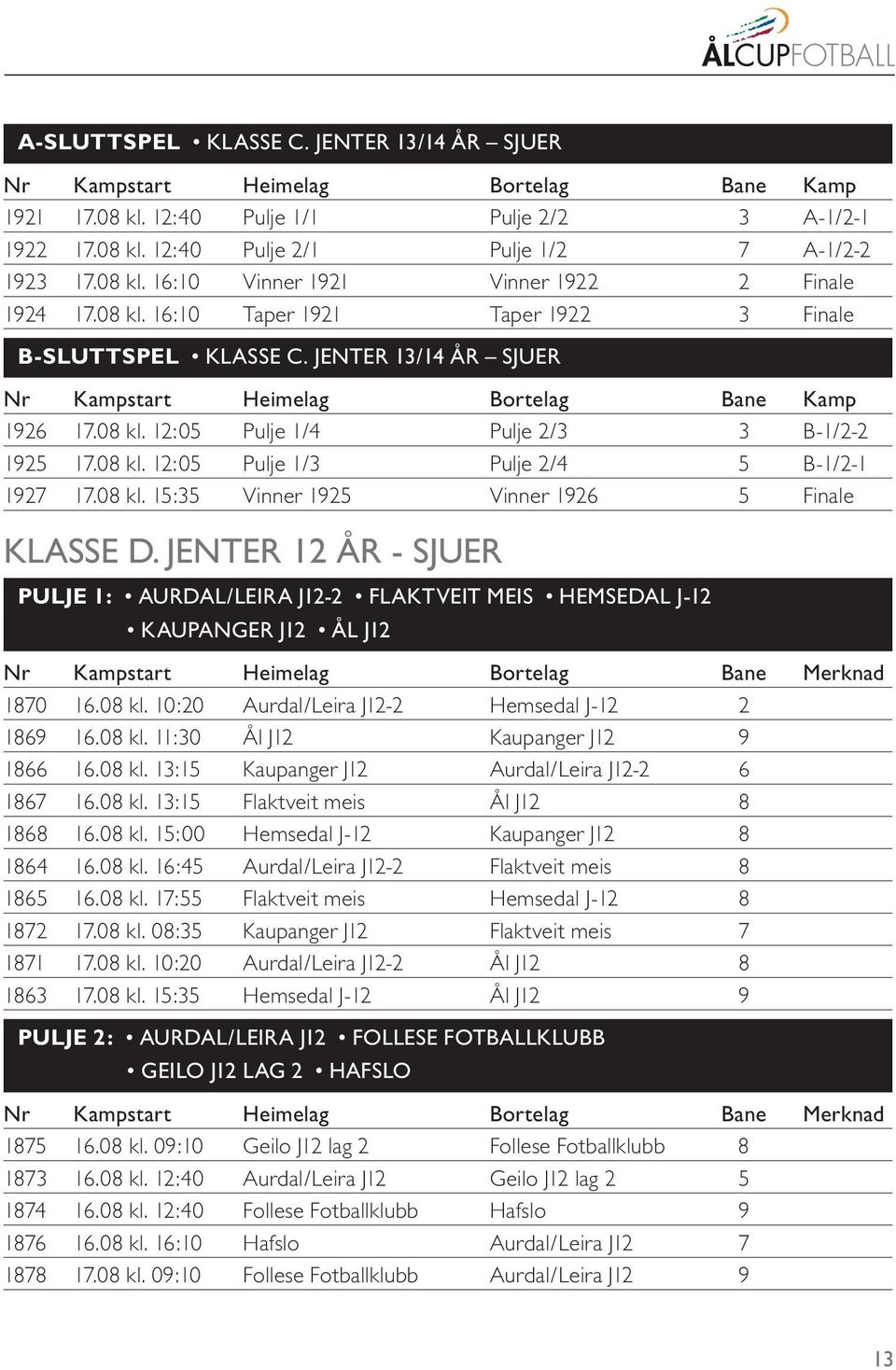 08 kl. 12:05 Pulje 1/3 Pulje 2/4 5 B-1/2-1 1927 17.08 kl. 15:35 Vinner 1925 Vinner 1926 5 Finale KLASSE D.