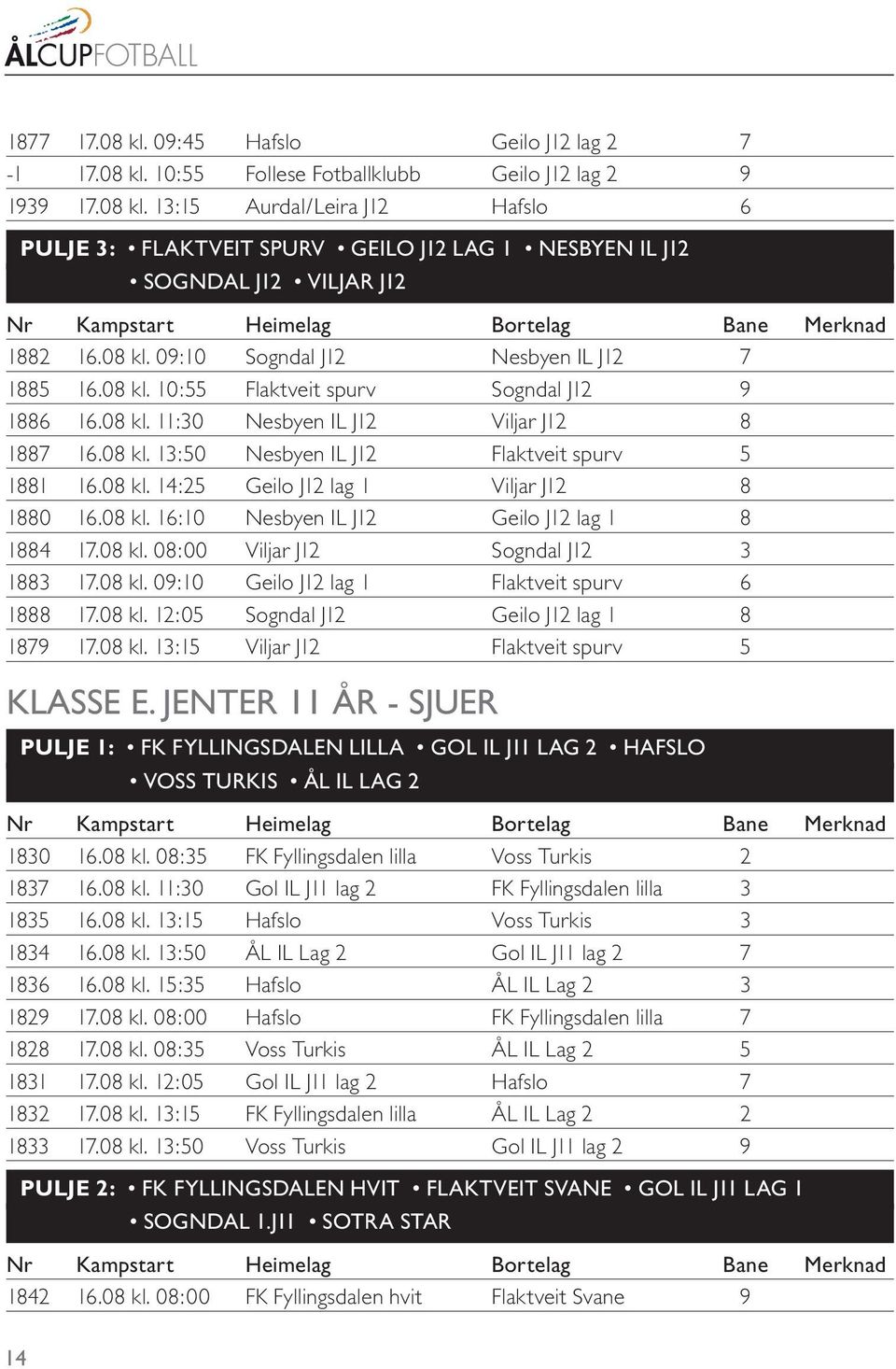 08 kl. 14:25 Geilo J12 lag 1 Viljar J12 8 1880 16.08 kl. 16:10 Nesbyen IL J12 Geilo J12 lag 1 8 1884 17.08 kl. 08:00 Viljar J12 Sogndal J12 3 1883 17.08 kl. 09:10 Geilo J12 lag 1 Flaktveit spurv 6 1888 17.