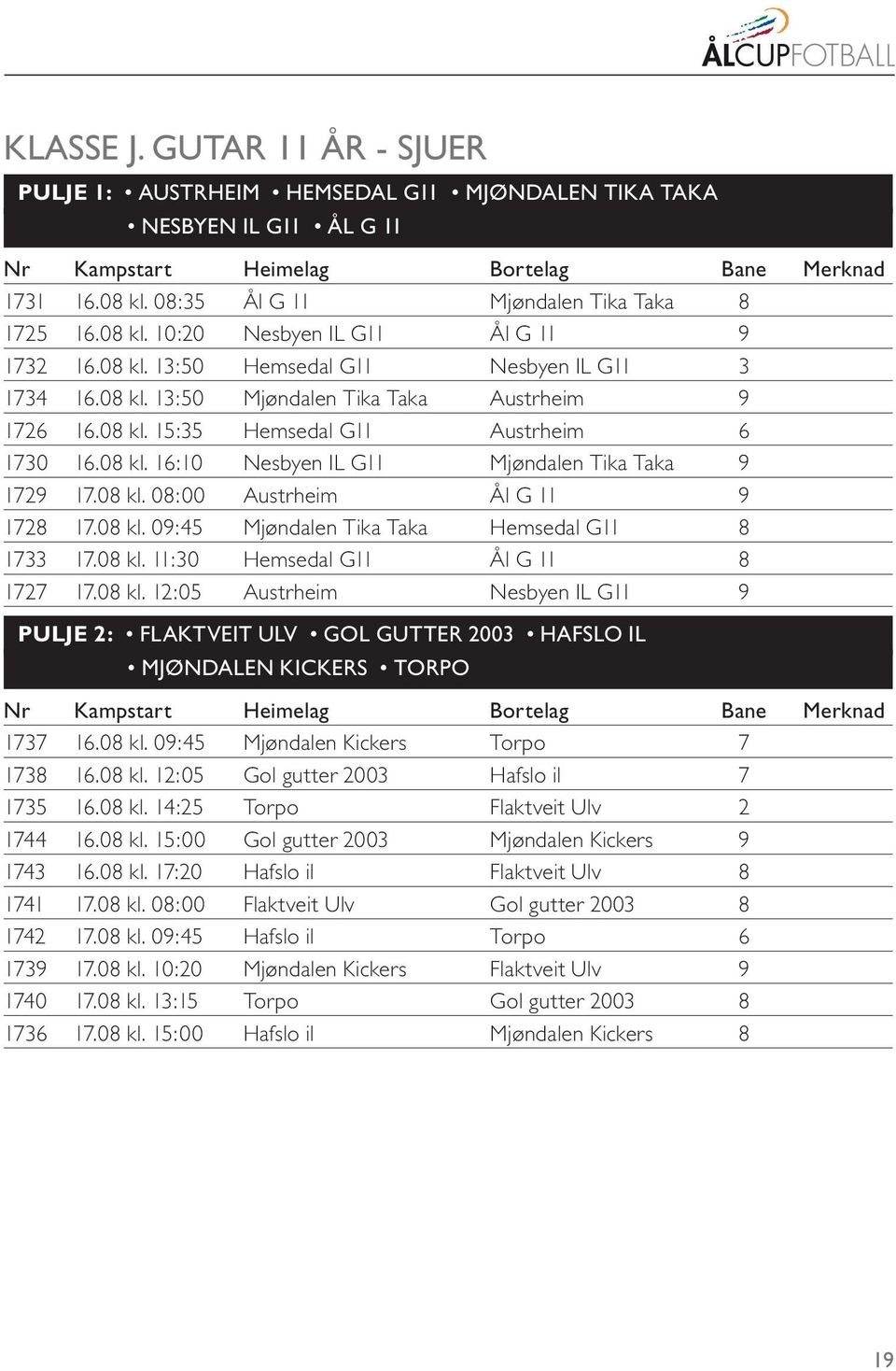 08 kl. 08:00 Austrheim Ål G 11 9 1728 17.08 kl. 09:45 Mjøndalen Tika Taka Hemsedal G11 8 1733 17.08 kl. 11:30 Hemsedal G11 Ål G 11 8 1727 17.08 kl. 12:05 Austrheim Nesbyen IL G11 9 PULJE 2: FLAKTVEIT ULV GOL GUTTER 2003 HAFSLO IL MJØNDALEN KICKERS TORPO 1737 16.
