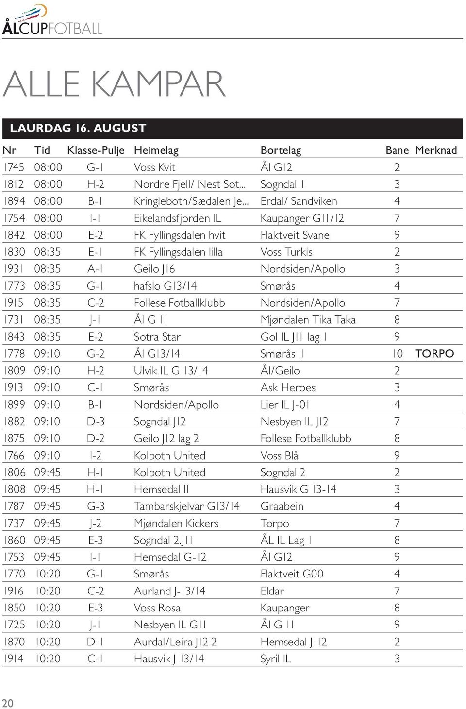 .. Erdal/ Sandviken 4 1754 08:00 I-1 Eikelandsfjorden IL Kaupanger G11/12 7 1842 08:00 E-2 FK Fyllingsdalen hvit Flaktveit Svane 9 1830 08:35 E-1 FK Fyllingsdalen lilla Voss Turkis 2 1931 08:35 A-1