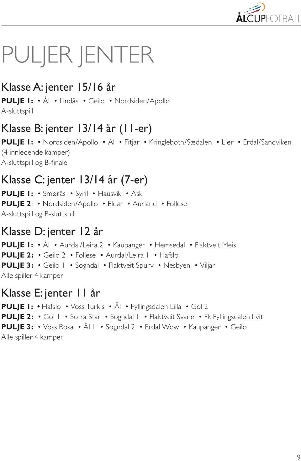 B-sluttspill Klasse D: jenter 12 år PULJE 1: Ål Aurdal/Leira 2 Kaupanger Hemsedal Flaktveit Meis PULJE 2: Geilo 2 Follese Aurdal/Leira 1 Hafslo PULJE 3: Geilo 1 Sogndal Flaktveit Spurv Nesbyen Viljar