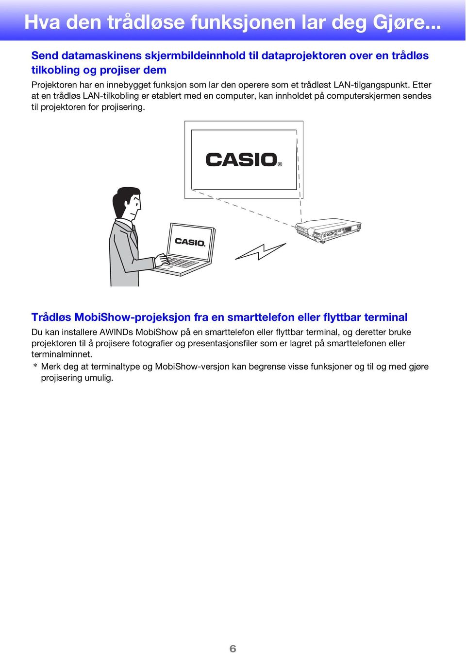 Etter at en trådløs LAN-tilkobling er etablert med en computer, kan innholdet på computerskjermen sendes til projektoren for projisering.