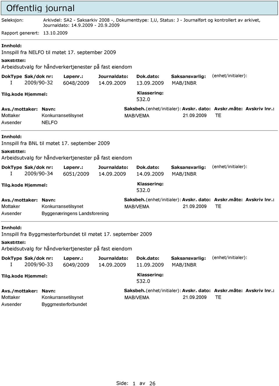 september 2009 Arbeidsutvalg for håndverkertjenester på fast eiendom 2009/90-34 6051/2009 MAB/NBR 532.0 MAB/VEMA 21.09.2009 TE Avsender Byggenæringens Landsforening nnspill fra Byggmesterforbundet til møtet 17.