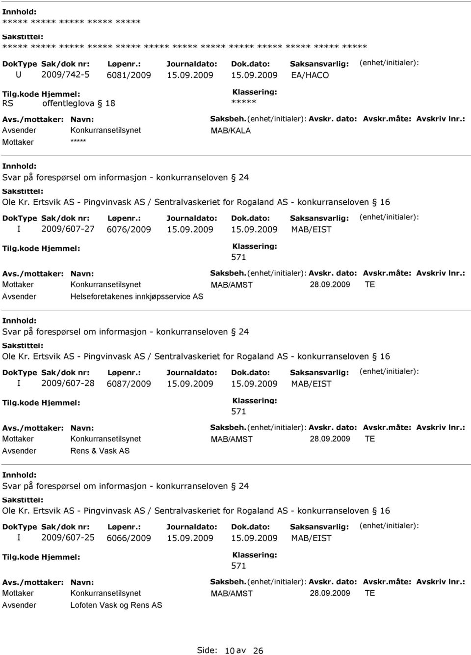 2009/607-27 6076/2009 MAB/EST Avsender Helseforetakenes innkjøpsservice AS 2009/607-28 6087/2009