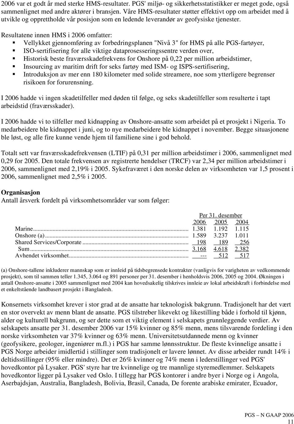 Resultatene innen HMS i 2006 omfatter: Vellykket gjennomføring av forbedringsplanen "Nivå 3" for HMS på alle PGS-fartøyer, ISO-sertifisering for alle viktige dataprosesseringssentre verden over,