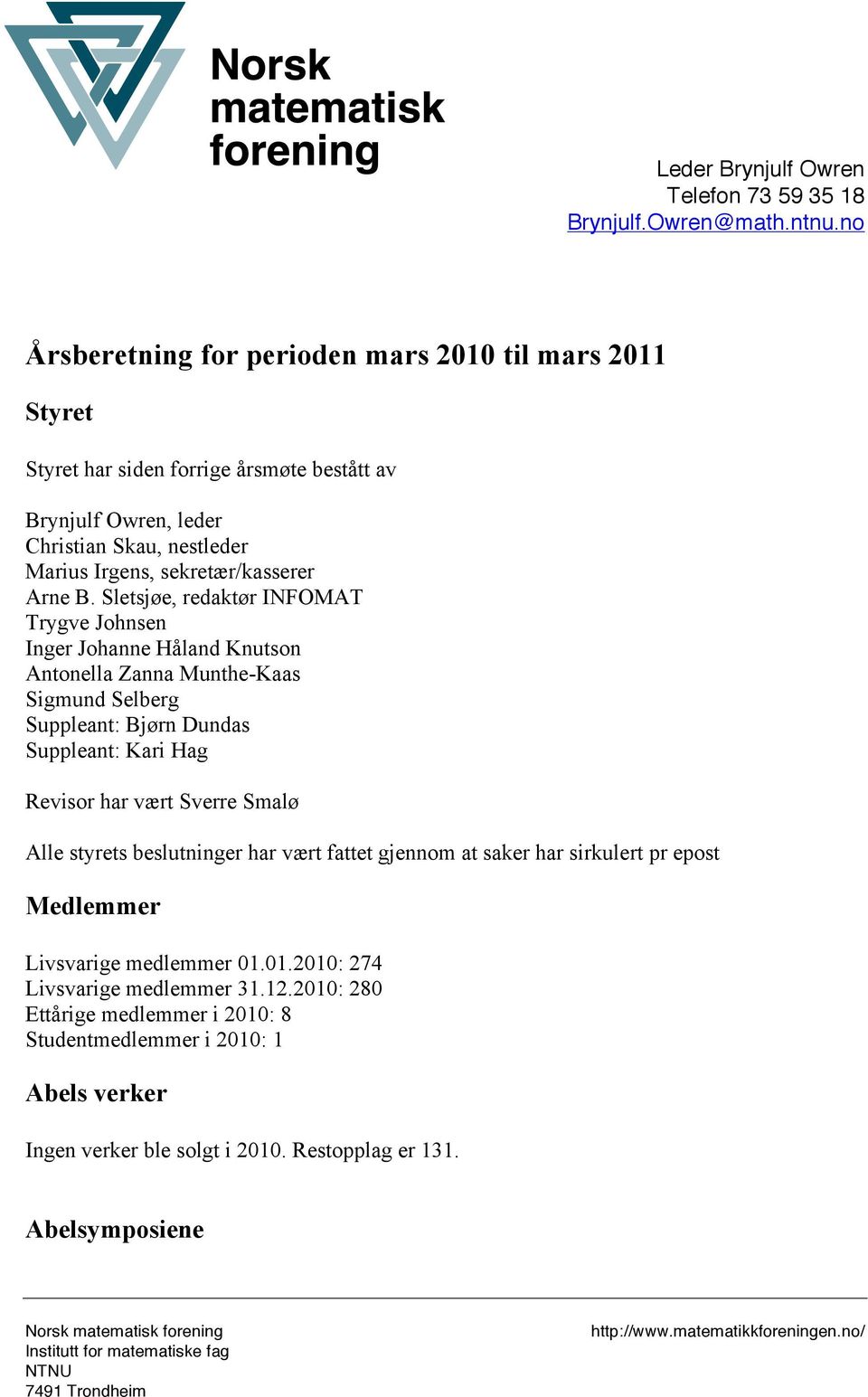 Sletsjøe, redaktør INFOMAT Trygve Johnsen Inger Johanne Håland Knutson Antonella Zanna Munthe-Kaas Sigmund Selberg Suppleant: Bjørn Dundas Suppleant: Kari Hag Revisor har vært Sverre Smalø Alle