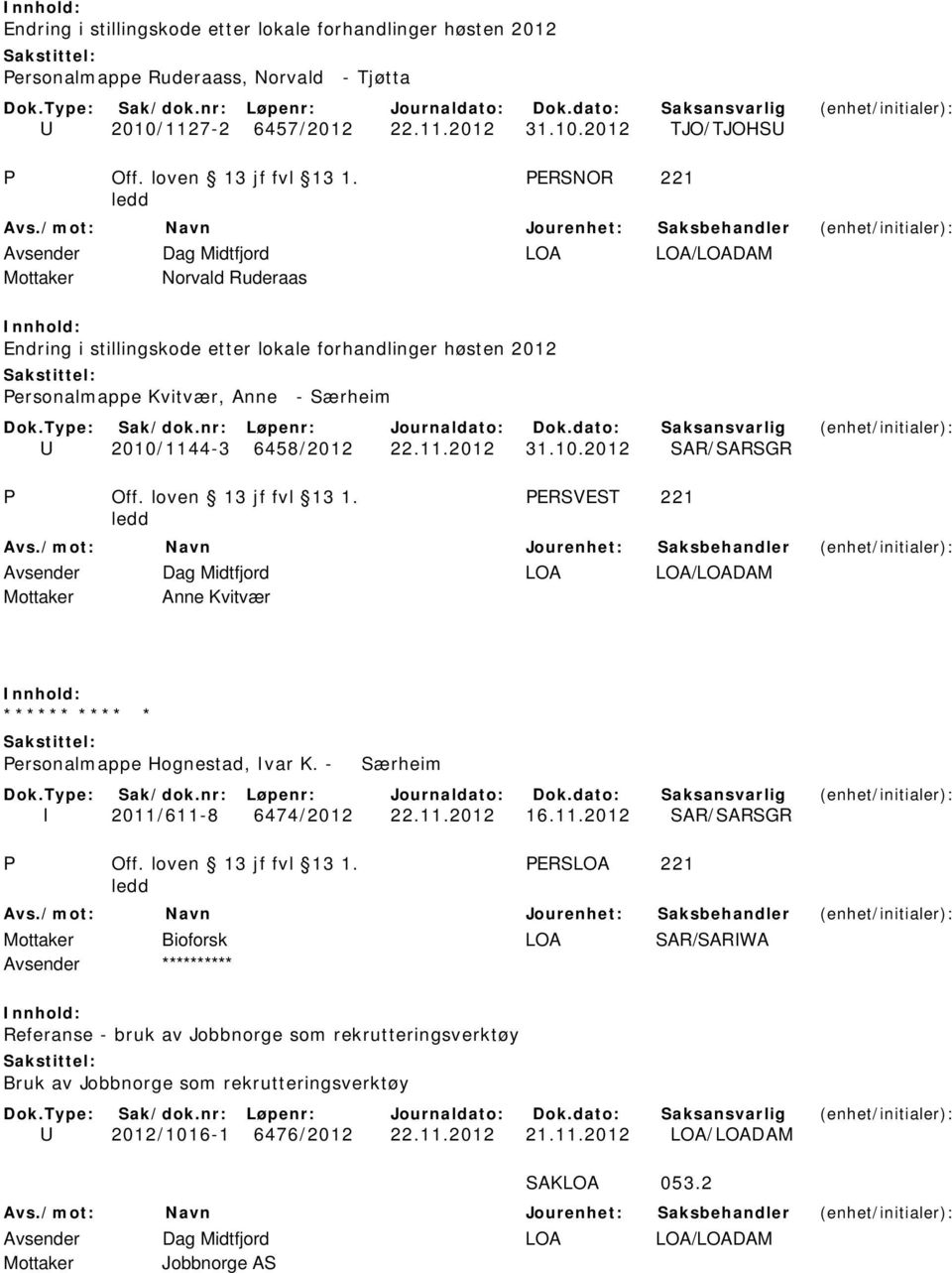 6458/2012 22.11.2012 31.10.2012 SAR/SARSGR P Off. loven 13 jf fvl 13 1. PERSVEST 221 Avsender Dag Midtfjord LOA LOA/LOADAM Mottaker Anne Kvitvær ****** **** * Personalmappe Hognestad, Ivar K.