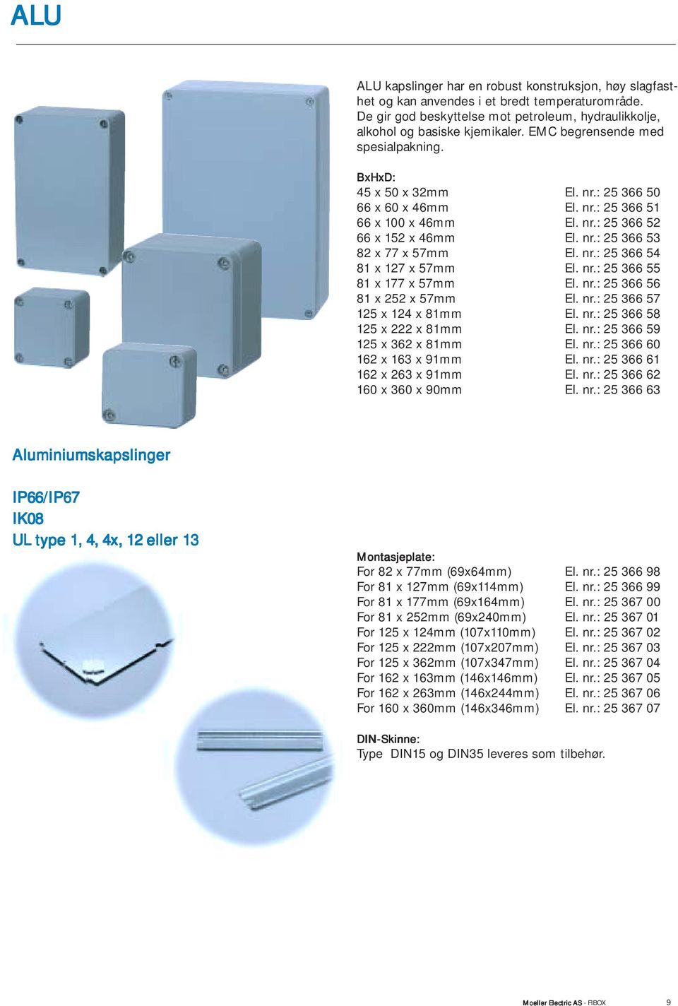 nr.: 25 366 54 81 x 127 x 57mm El. nr.: 25 366 55 81 x 177 x 57mm El. nr.: 25 366 56 81 x 252 x 57mm El. nr.: 25 366 57 125 x 124 x 81mm El. nr.: 25 366 58 125 x 222 x 81mm El. nr.: 25 366 59 125 x 362 x 81mm El.