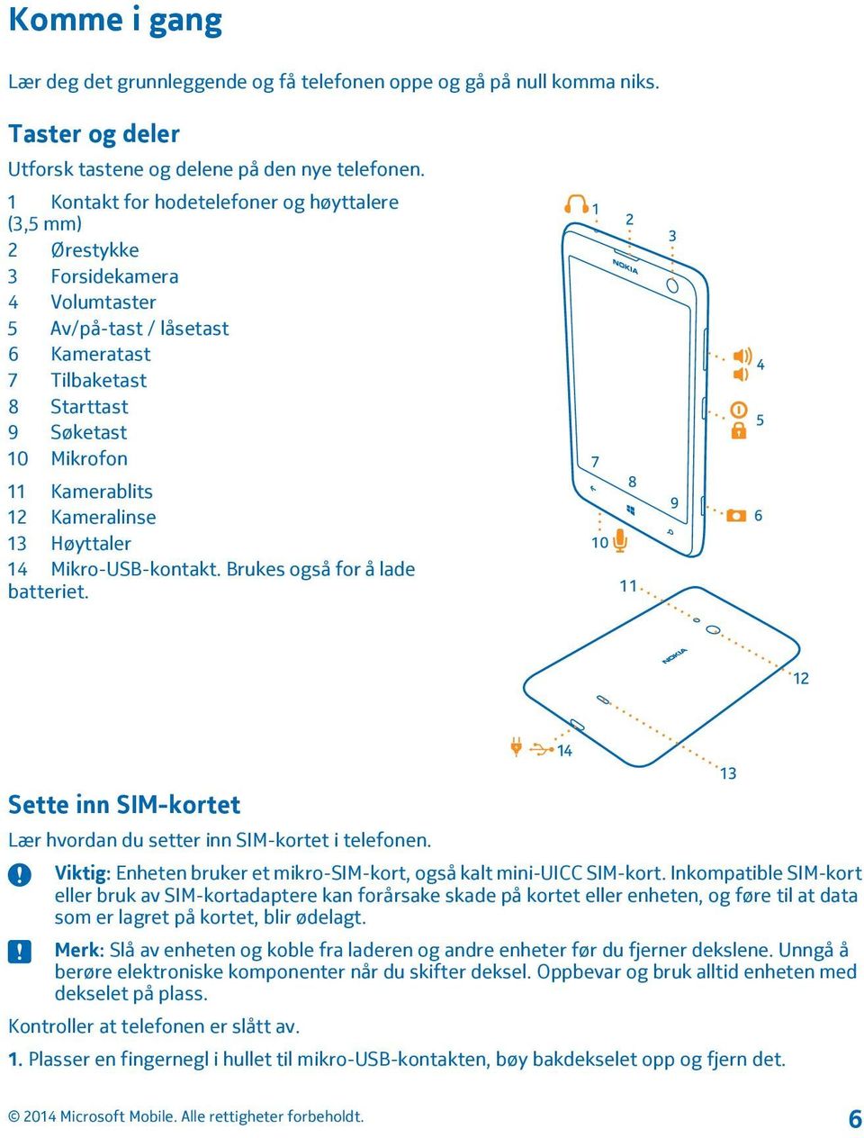 Kameralinse 13 Høyttaler 14 Mikro-USB-kontakt. Brukes også for å lade batteriet. Sette inn SIM-kortet Lær hvordan du setter inn SIM-kortet i telefonen.