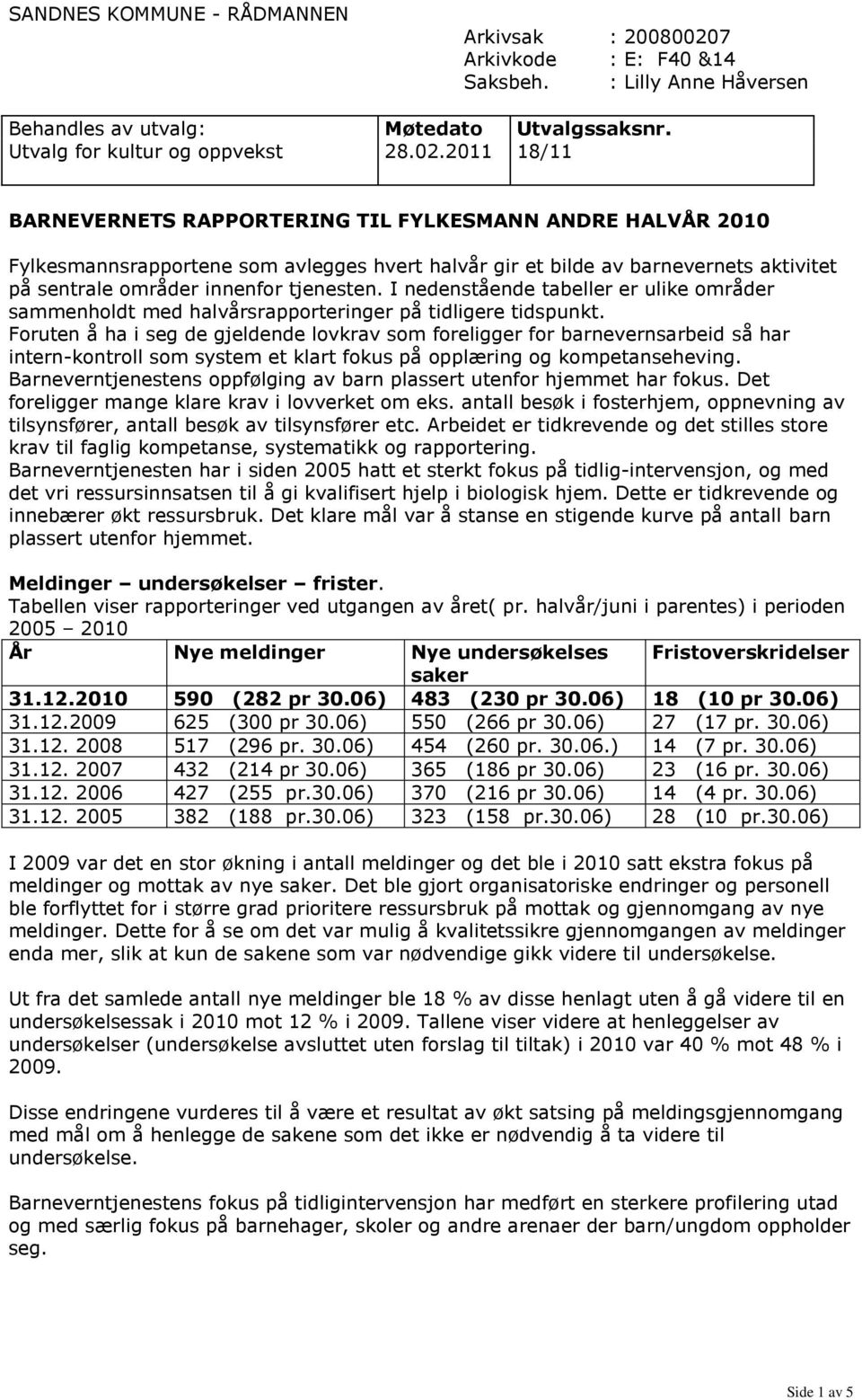 2011 18/11 BARNEVERNETS RAPPORTERING TIL FYLKESMANN ANDRE HALVÅR 2010 Fylkesmannsrapportene som avlegges hvert halvår gir et bilde av barnevernets aktivitet på sentrale områder innenfor tjenesten.