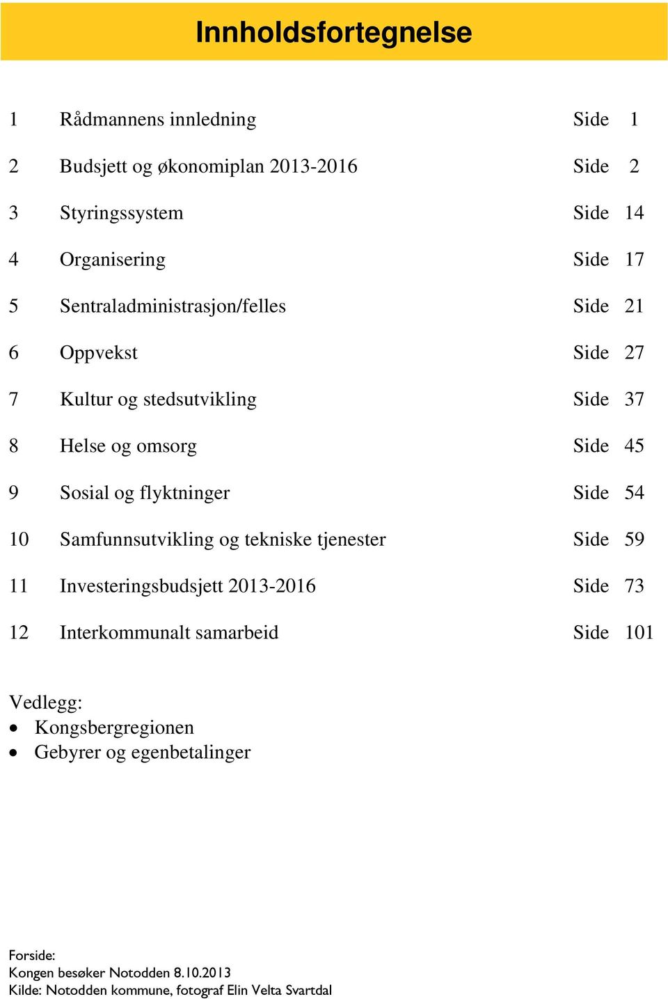 Side 54 10 Samfunnsutvikling og tekniske tjenester Side 59 11 Investeringsbudsjett 2013-2016 Side 73 12 Interkommunalt samarbeid Side 101