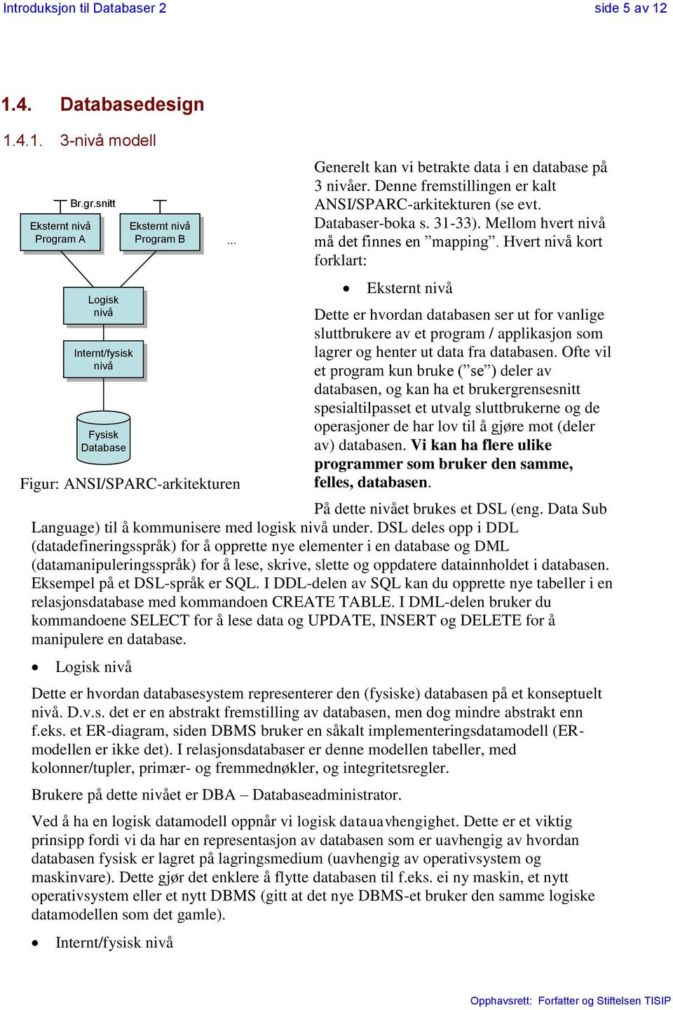 Hvert nivå kort forklart: Eksternt nivå Dette er hvordan databasen ser ut for vanlige sluttbrukere av et program / applikasjon som lagrer og henter ut data fra databasen.