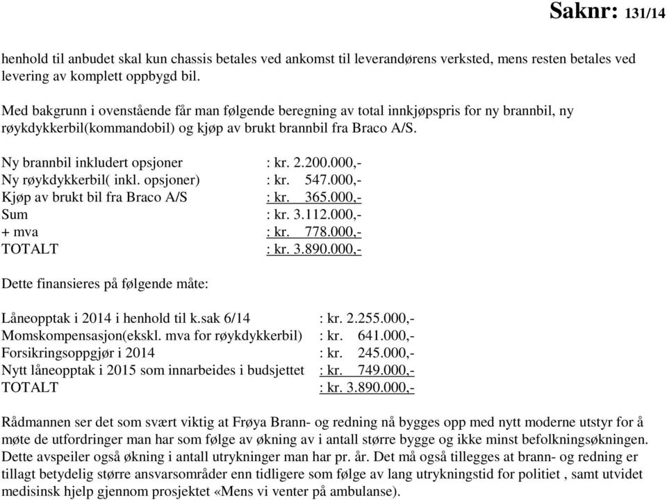 2.200.000,- Ny røykdykkerbil( inkl. opsjoner) : kr. 547.000,- Kjøp av brukt bil fra Braco A/S : kr. 365.000,- Sum : kr. 3.112.000,- + mva : kr. 778.000,- TOTALT : kr. 3.890.