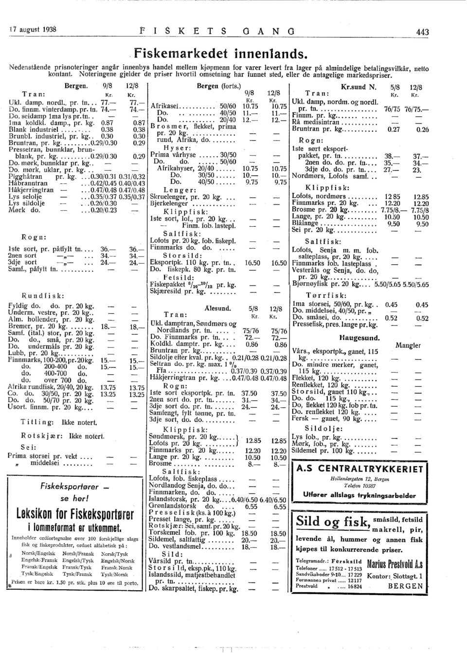 30 rund, Afrika, do.... Bruntran, pr. kg... 0.29/0.30 0.29 Pressetran, bunnklar, brun- Hy ser: O 29 Prima vårhyse... 30/50 blank, pr. kg... 0.29/0,30 Do. mørk, bunnklar pr. kg.. Do. mørk, uklar, pr.