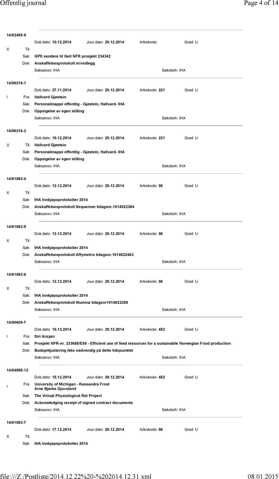 12.2014 Jour.dato: 29.12.2014 Arkivkode: 06 Grad: U Sak: IHA Innkjøpsprotokoller 2014 Dok: Anskaffelsesprotokoll Sequenom bilagsnr.1014022384 14/01083-5 Dok.dato: 12.12.2014 Jour.dato: 29.12.2014 Arkivkode: 06 Grad: U Sak: IHA Innkjøpsprotokoller 2014 Dok: Anskaffelsesprotokoll Affymetrix bilagsnr.