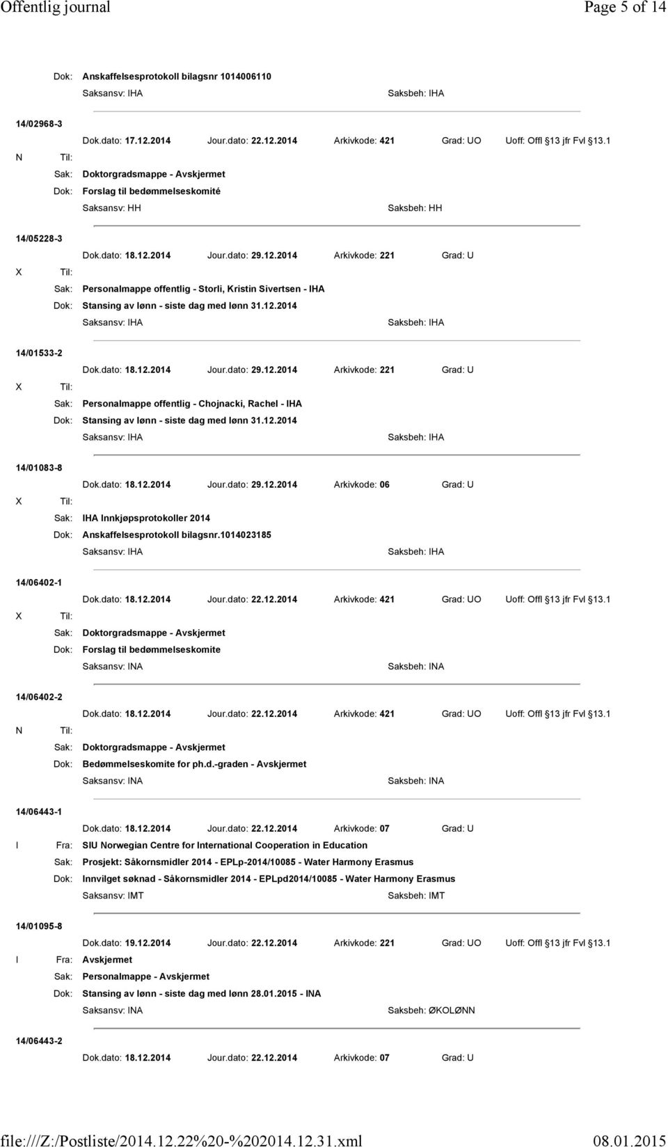 2014 Jour.dato: 29.12.2014 Arkivkode: 221 Grad: U Sak: Personalmappe offentlig - Storli, Kristin Sivertsen - IHA Dok: Stansing av lønn - siste dag med lønn 31.12.2014 14/01533-2 Dok.dato: 18.12.2014 Jour.dato: 29.12.2014 Arkivkode: 221 Grad: U Sak: Personalmappe offentlig - Chojnacki, Rachel - IHA Dok: Stansing av lønn - siste dag med lønn 31.