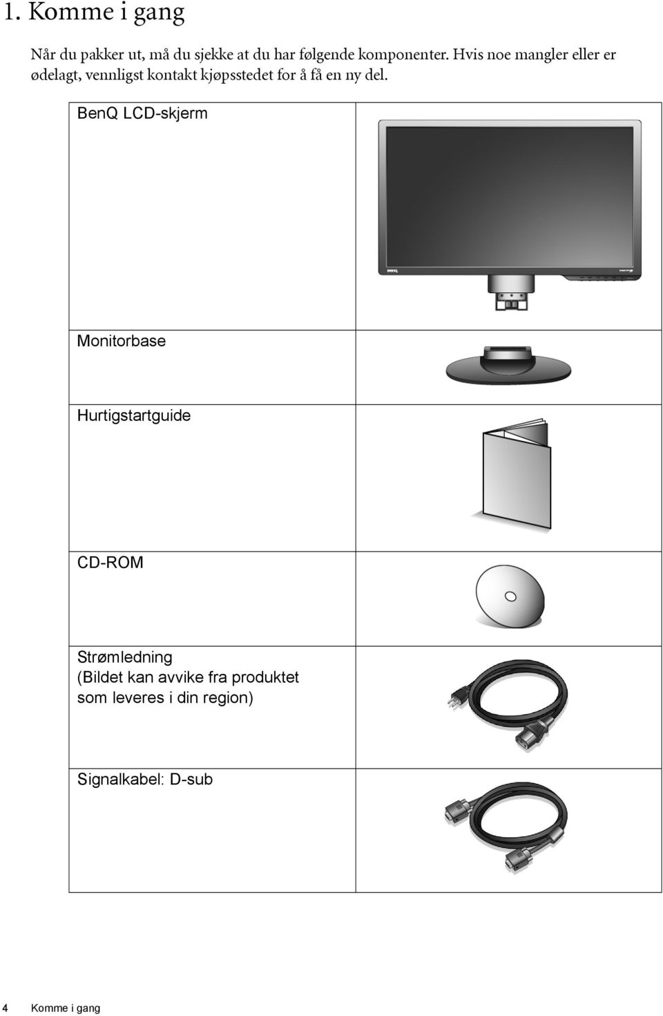 del. BenQ LCD-skjerm Monitorbase Hurtigstartguide CD-ROM Strømledning (Bildet