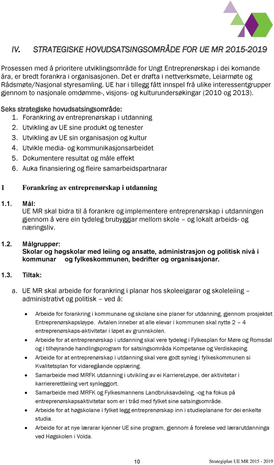 UE har i tillegg fått innspel frå ulike interessentgrupper gjennom to nasjonale omdømme, visjons og kulturundersøkingar (2010 og 2013). Seks strategiske hovudsatsingsområde: 1.