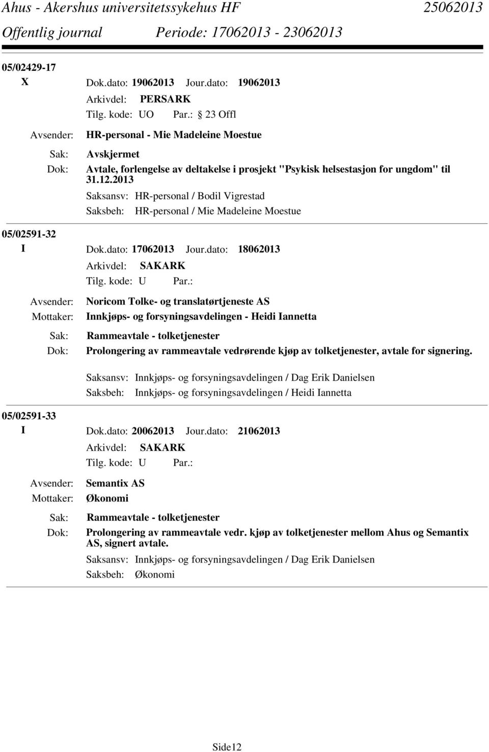 : Noricom Tolke- og translatørtjeneste AS Innkjøps- og forsyningsavdelingen - Heidi Iannetta Rammeavtale - tolketjenester Prolongering av rammeavtale vedrørende kjøp av tolketjenester, avtale for