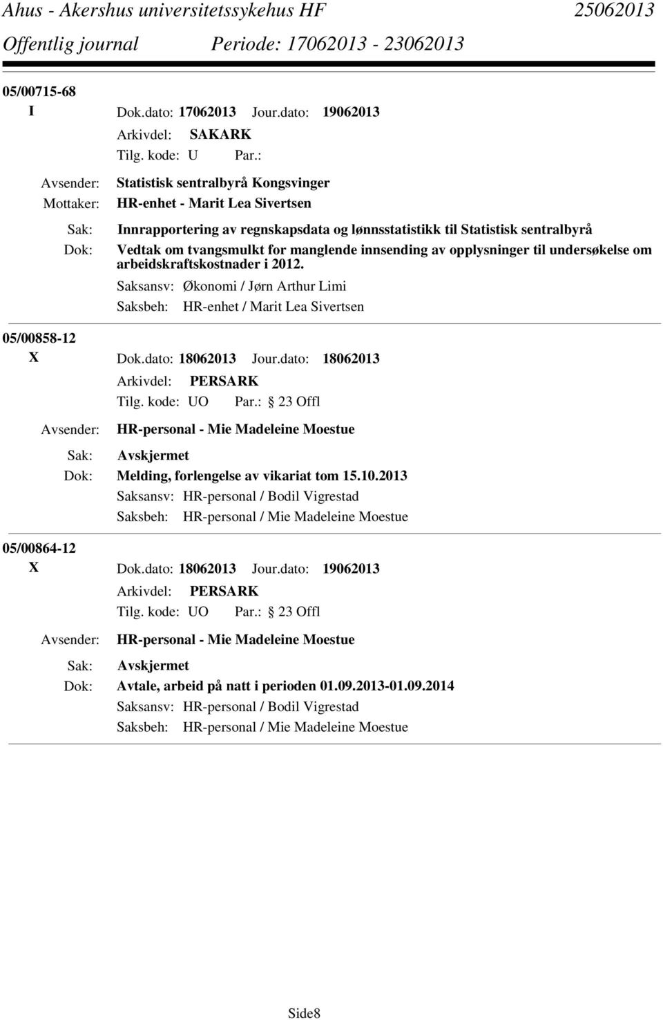 opplysninger til undersøkelse om arbeidskraftskostnader i 2012. Saksansv: Økonomi / Jørn Arthur Limi Saksbeh: HR-enhet / Marit Lea Sivertsen 05/00858-12 X Dok.dato: 18062013 Jour.