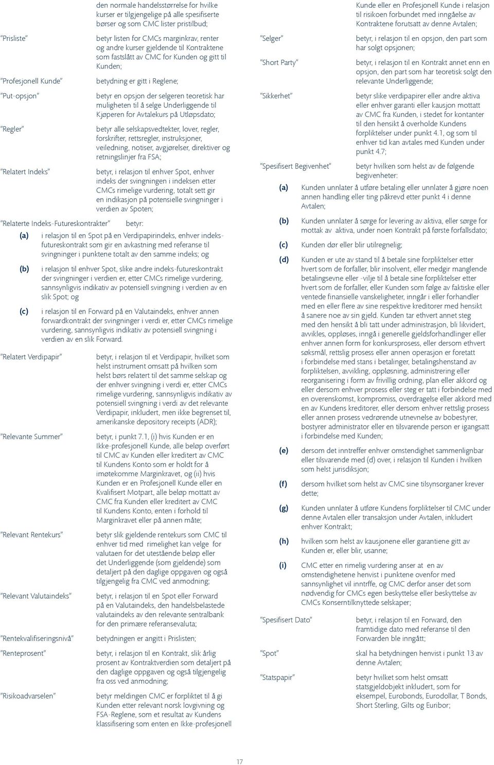 andre kurser gjeldende til Kontraktene som fastslått av CMC for Kunden og gitt til Kunden; betydning er gitt i Reglene; betyr en opsjon der selgeren teoretisk har muligheten til å selge Underliggende