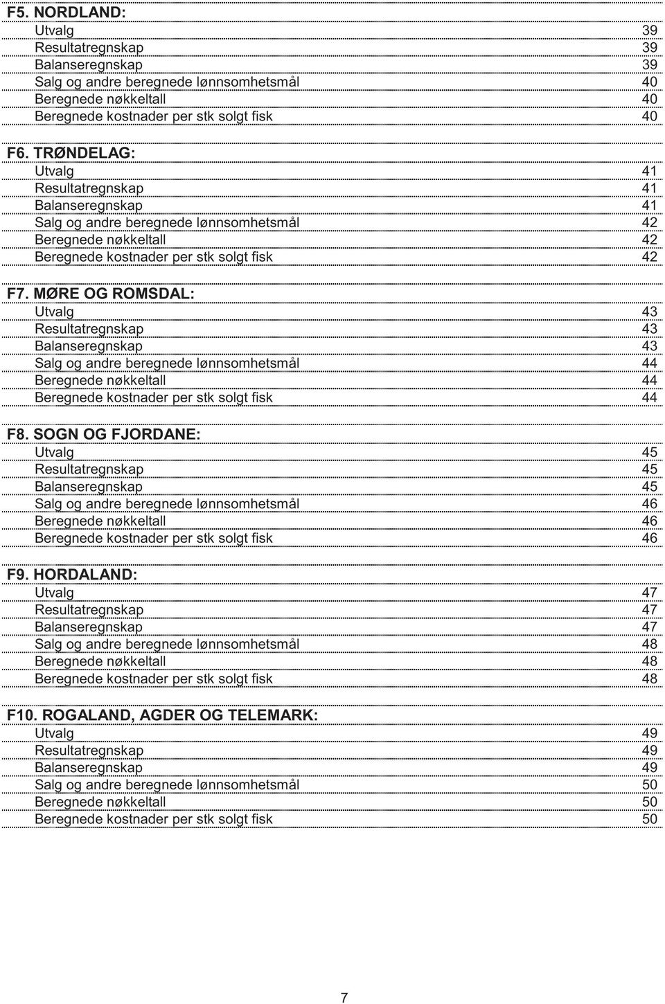 MØRE OG ROMSDAL: Utvalg 43 Resultatregnskap 43 Balanseregnskap 43 Salg og andre beregnede lønnsomhetsmål 44 Beregnede nøkkeltall 44 Beregnede kostnader per stk solgt fisk 44 F8.