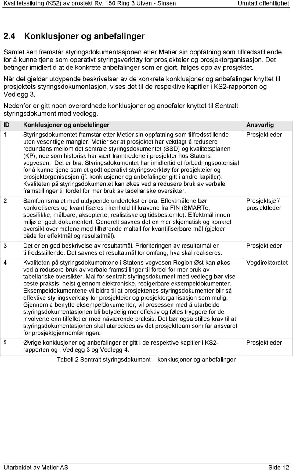 Når det gjelder utdypende beskrivelser av de konkrete konklusjoner og anbefalinger knyttet til prosjektets styringsdokumentasjon, vises det til de respektive kapitler i KS2-rapporten og Vedlegg 3.