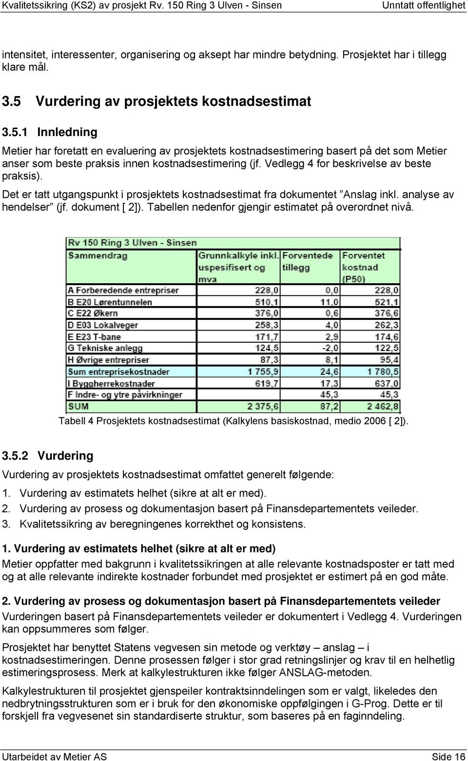 1 Innledning Metier har foretatt en evaluering av prosjektets kostnadsestimering basert på det som Metier anser som beste praksis innen kostnadsestimering (jf.