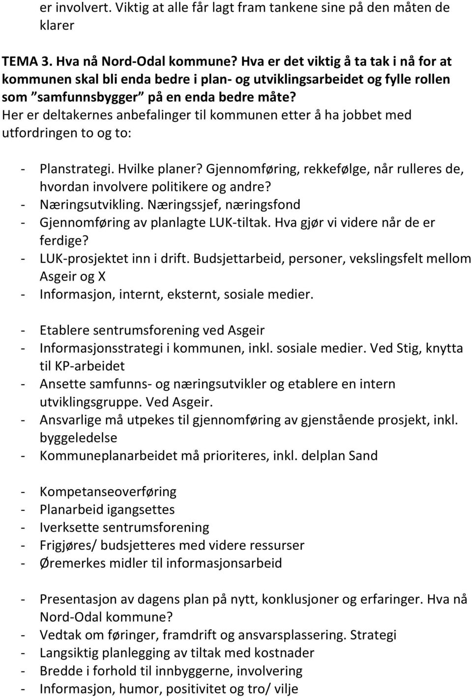 Her er deltakernes anbefalinger til kommunen etter å ha jobbet med utfordringen to og to: - Planstrategi. Hvilke planer?