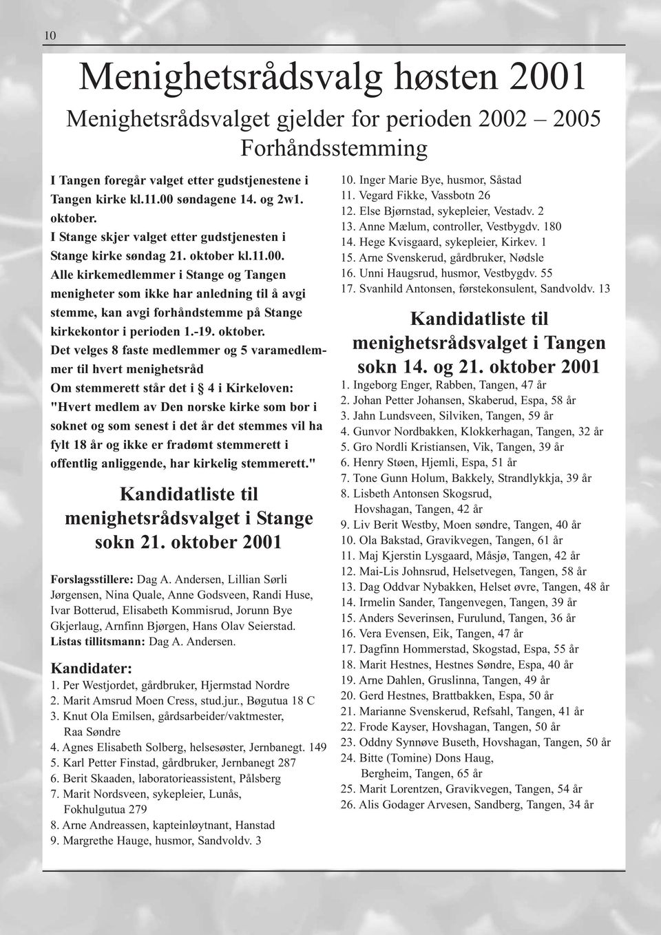 Alle kirkemedlemmer i Stange og Tangen menigheter som ikke har anledning til å avgi stemme, kan avgi forhåndstemme på Stange kirkekontor i perioden 1.-19. oktober.