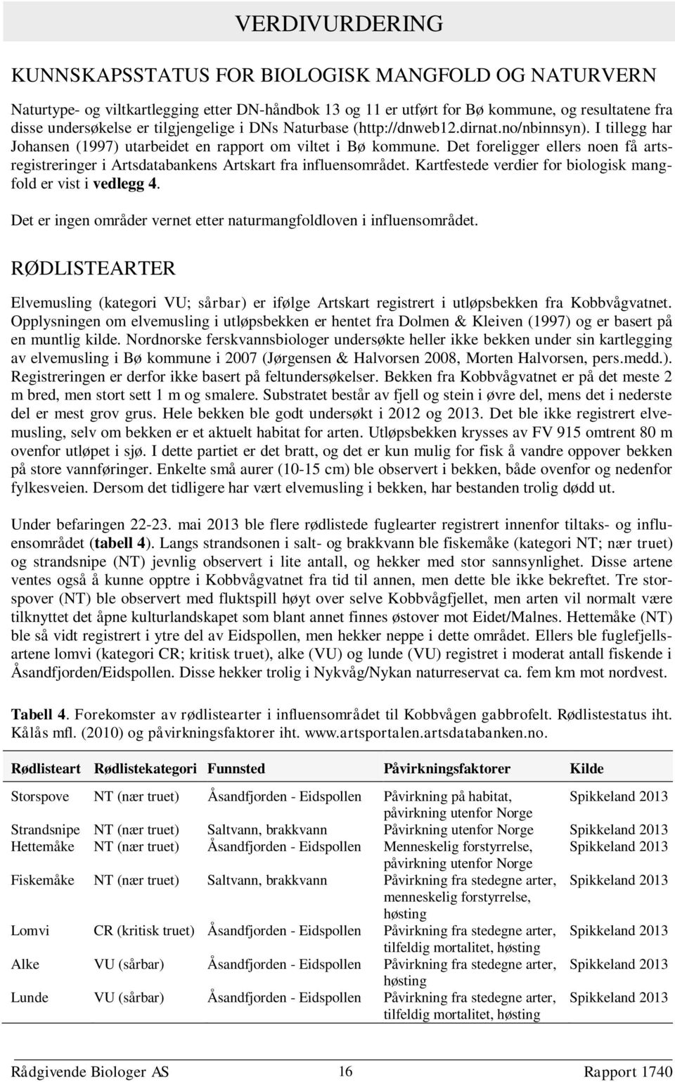 Det foreligger ellers noen få artsregistreringer i Artsdatabankens Artskart fra influensområdet. Kartfestede verdier for biologisk mangfold er vist i vedlegg 4.