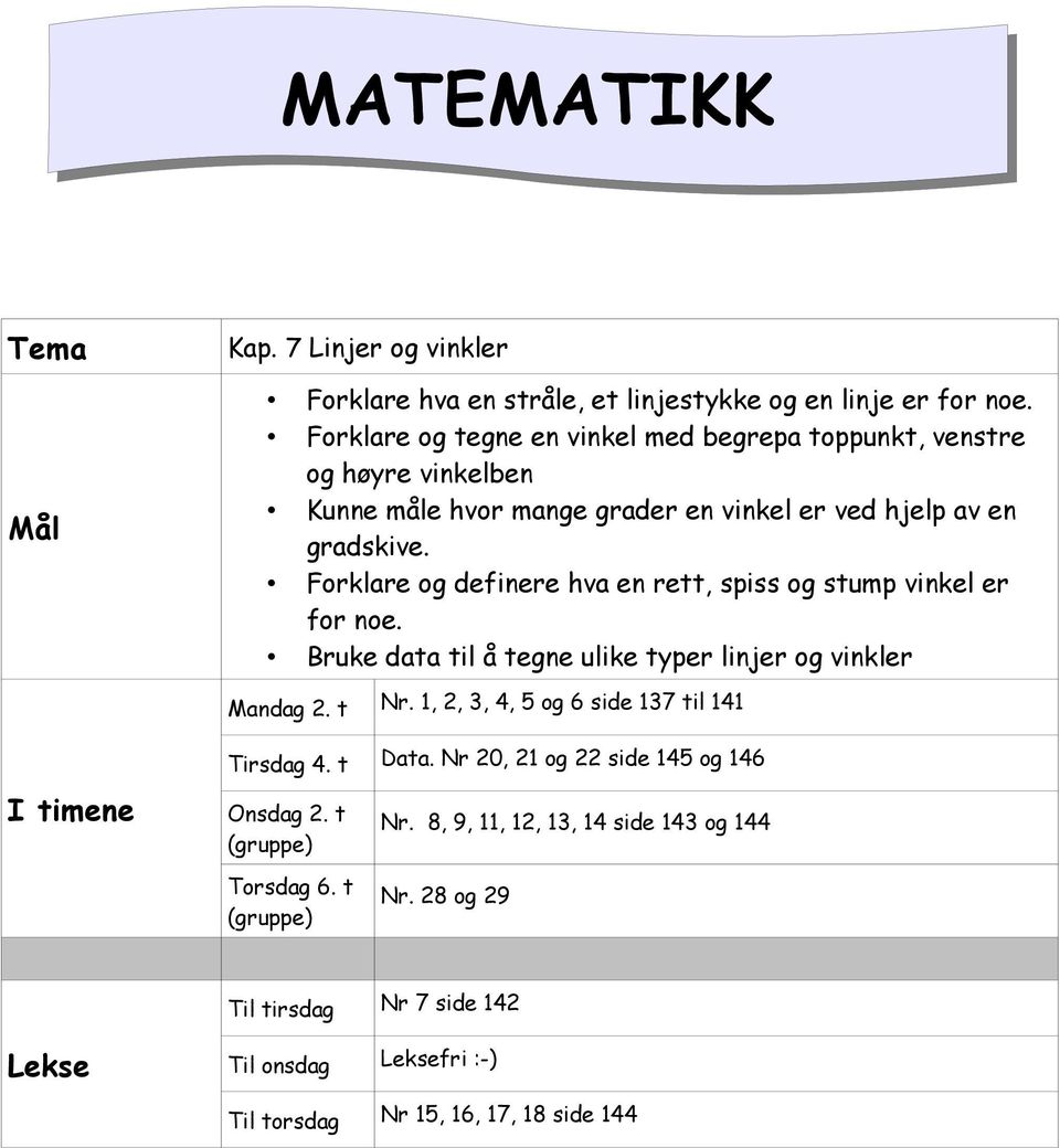 Forklare og definere hva en rett, spiss og stump vinkel er for noe. Bruke data til å tegne ulike typer linjer og vinkler Mandag 2. t Nr.