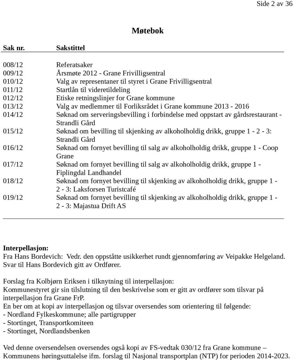 retningslinjer for Grane kommune 013/12 Valg av medlemmer til Forliksrådet i Grane kommune 2013-2016 014/12 Søknad om serveringsbevilling i forbindelse med oppstart av gårdsrestaurant - Strandli Gård