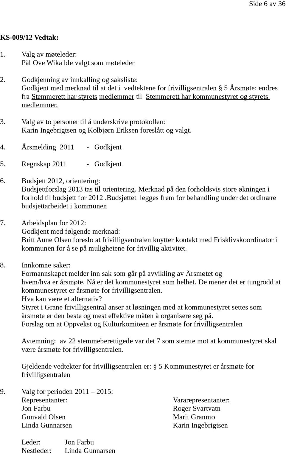 styrets medlemmer. 3. Valg av to personer til å underskrive protokollen: Karin Ingebrigtsen og Kolbjørn Eriksen foreslått og valgt. 4. Årsmelding 2011 - Godkjent 5. Regnskap 2011 - Godkjent 6.