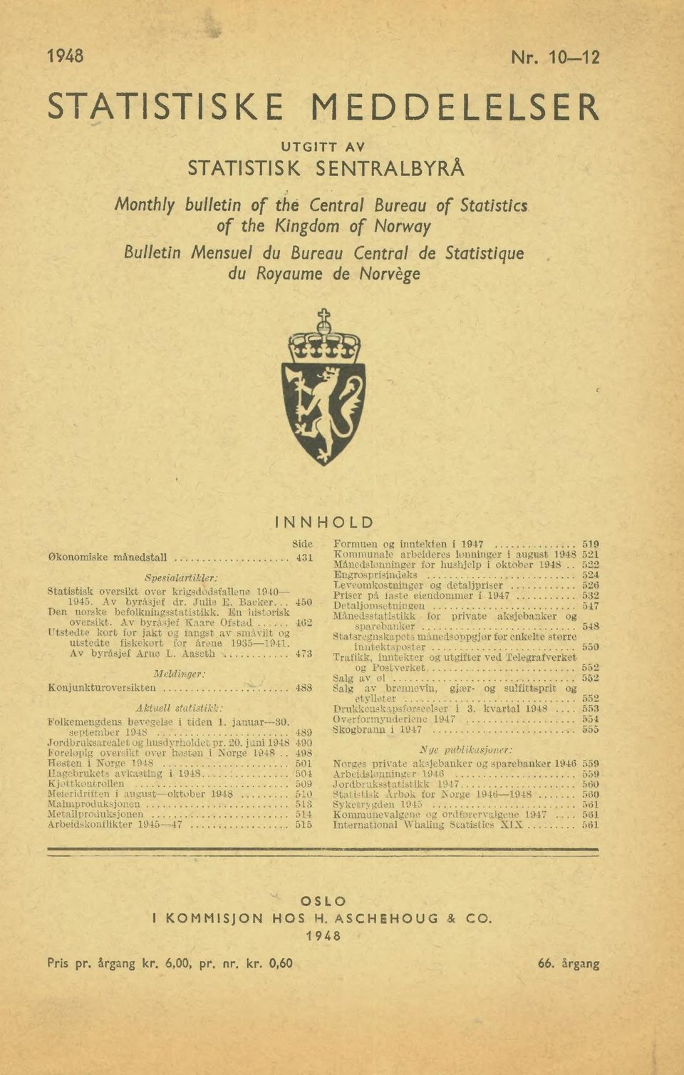 Royaume de Norvège INNHOLD SideFormuen og inntekten i 1947 519 Økonomiske månedstall 431Kommunale arbeideres lønninger i august 1948 521 Månedslønninger for hushjelp i oktober 1948.