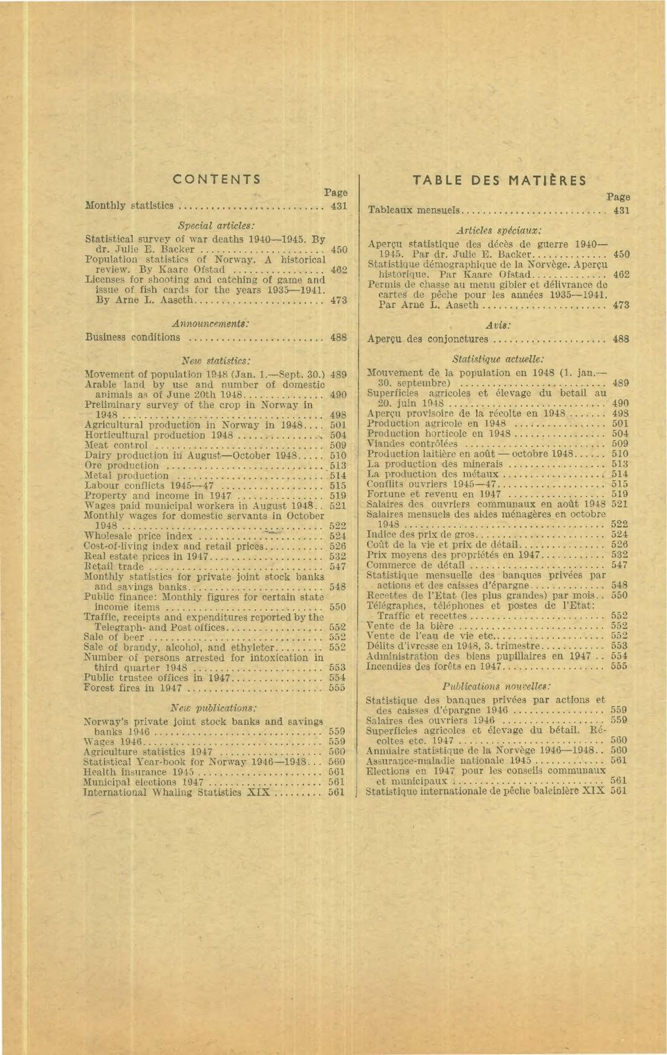 Aaseth 473 Announcements: Business conditions 488 New statistics: Movement of population 1948 (Jan. 1. Sept. 30.